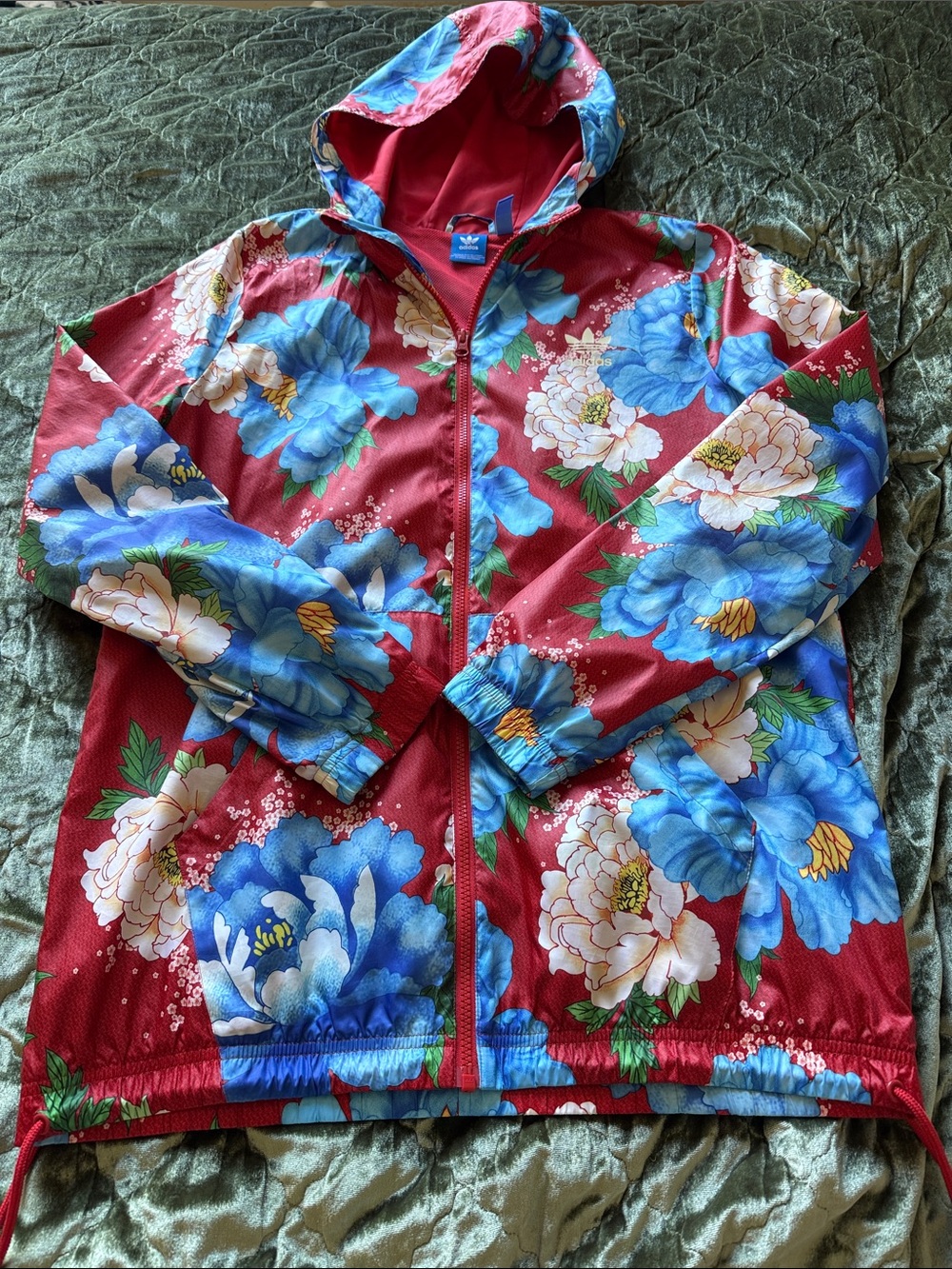 adidas Farm Rio Collab Hooded Utility Jacket with Blue & White Flowers